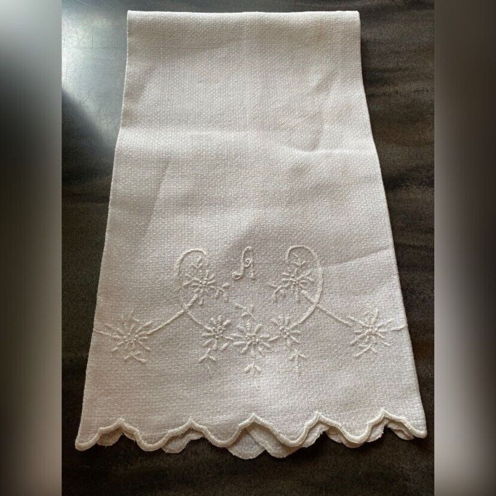 Vintage Table Runner White Embroidered Monogram A 29 X 18” Grandmacore